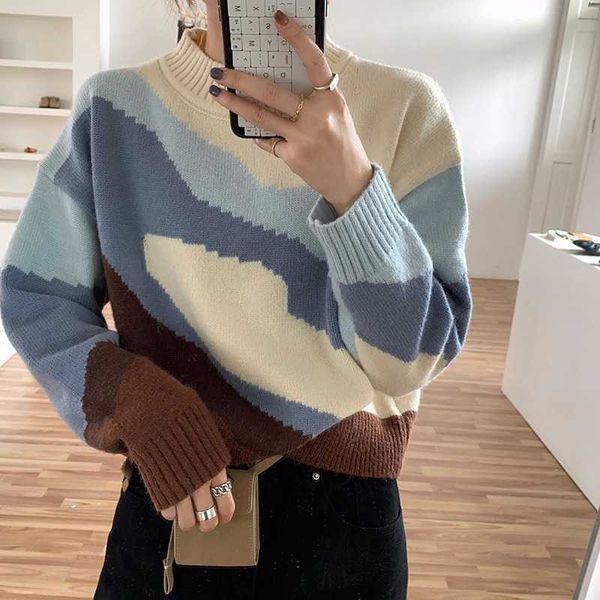 autumn winter color matching pullover knitted sweater female long sleeve jumper casual loose sweaters 210922, White;black 
autumn winter color matching pullover knitted sweater female long sleeve jumper casual loose sweaters 210922, White;black