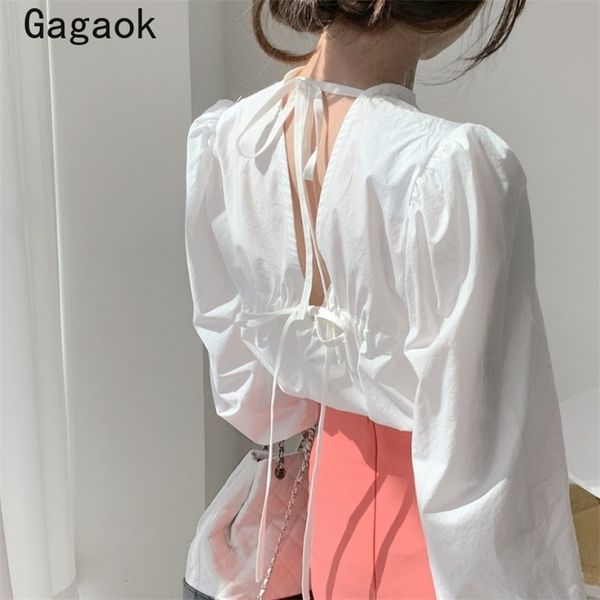 women office lady backless shirt summer arrival solid o-neck full lace up puff sleeve chic and blouses 210531, White
women office lady backless shirt summer arrival solid o-neck full lace up puff sleeve chic and blouses 210531, White
