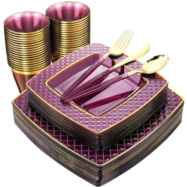 disposable dinnerware 50pcs tableware purple square plastic plate and golden silverware with handle set wedding party supplies
disposable dinnerware 50pcs tableware purple square plastic plate and golden silverware with handle set wedding party supplies