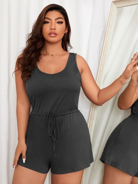 plus drawstring waist sleeveless sleep romper l97x#, Black;white