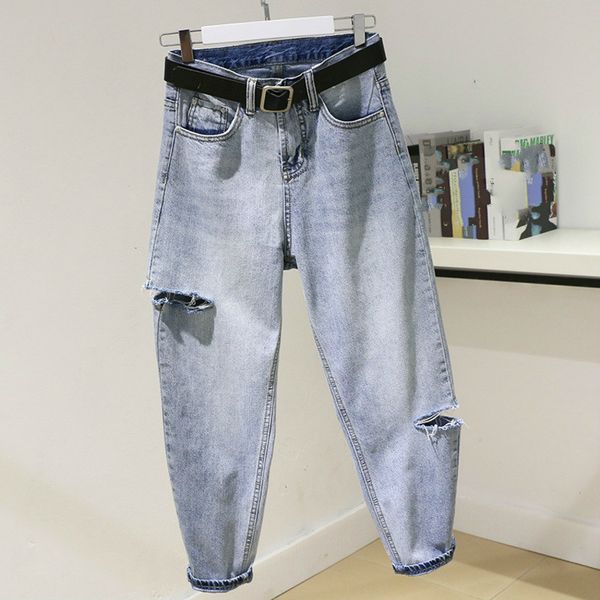 women's jeans boyfriend for women high waist harem woman pantalon femme bf style casual ripped hole washed loose denim pants kmix, Blue