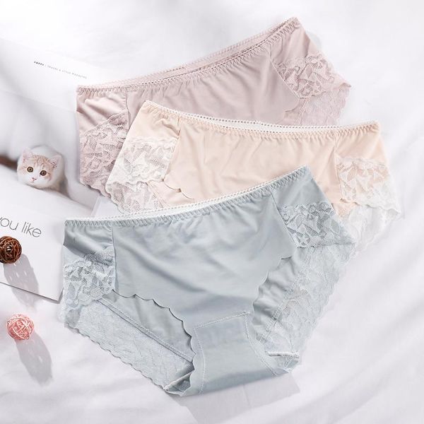 women's panties ice silk briefs translucent female seamless lace low-waist lingerie underpants underwear tanga, Black;pink