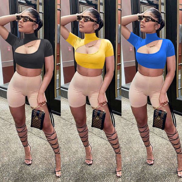 hollowed out chest female trumpet short sleeve high collar t-shirt, White
hollowed out chest female trumpet short sleeve high collar t-shirt, White