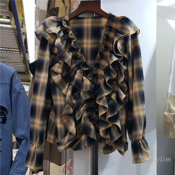 blouses retro v-neck plaid shirt women's fashion ruffle sweet flare sleeve girl ladies all-match loose blouses blusas femme, White
blouses retro v-neck plaid shirt women's fashion ruffle sweet flare sleeve girl ladies all-match loose blouses blusas femme, White