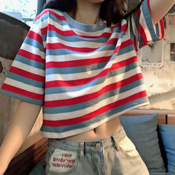 women's t-shirt summer loose rainbow striped short-sleeved female hyuna style student short crop top, White
women's t-shirt summer loose rainbow striped short-sleeved female hyuna style student short crop top, White