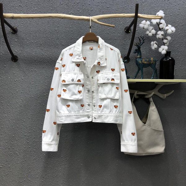 women's jackets white denim short female spring autumn turn-down collar long-sleeved outwear bear embroidery casual women jean coat, Black;brown
women's jackets white denim short female spring autumn turn-down collar long-sleeved outwear bear embroidery casual women jean coat, Black;brown
