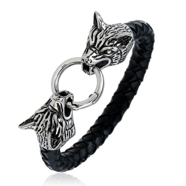 double wolf head charm bracelet for men wide weave genuine leather wristband stainless steel classic bangle, Black
double wolf head charm bracelet for men wide weave genuine leather wristband stainless steel classic bangle, Black