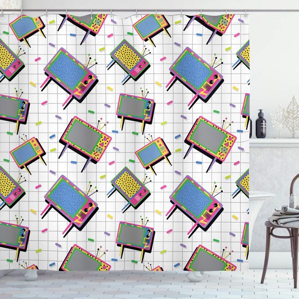 vintage shower curtain, funny retro 80s memphis neon color tv with background cartoon style vintage design, cloth fabric
vintage shower curtain, funny retro 80s memphis neon color tv with background cartoon style vintage design, cloth fabric