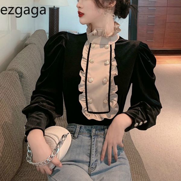 ezgaga vintage long sleeve women blouse velour korean ruffles patchwork slim button elegant shirts female stand collar blusas 210430, White 
ezgaga vintage long sleeve women blouse velour korean ruffles patchwork slim button elegant shirts female stand collar blusas 210430, White