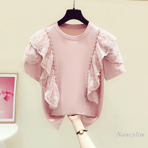 women's t-shirt heavy handmade lace bead patchwork ruffled round neck short sleeve female 2021 summer casual fashion tee, White
women's t-shirt heavy handmade lace bead patchwork ruffled round neck short sleeve female 2021 summer casual fashion tee, White