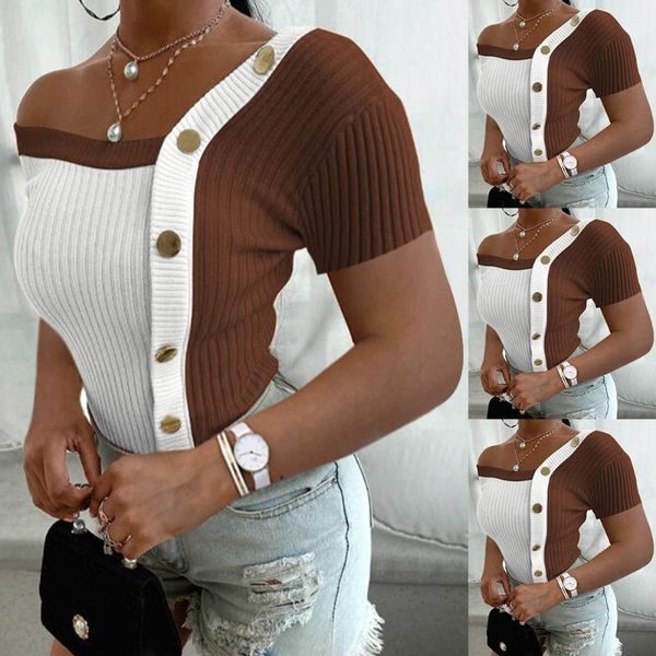 women's t-shirt stylish ladies button patchwork asymmetrical collar women summer short sleeve contrast color tee shirt d30, White
women's t-shirt stylish ladies button patchwork asymmetrical collar women summer short sleeve contrast color tee shirt d30, White