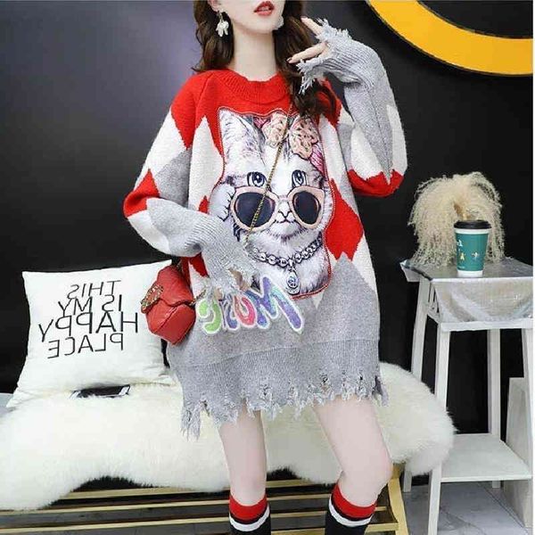 tees beautiful female autumn cartoon sweater chic cats loose sweaters long knit pullovers fashion women's broken korean jumpers hole s3, White
tees beautiful female autumn cartoon sweater chic cats loose sweaters long knit pullovers fashion women's broken korean jumpers hole s3, White