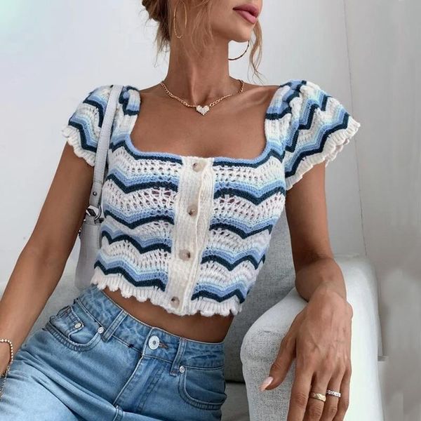 women's knits & tees women button down crop short sleeve wavy striped print crochet knit t-shirts chic female blusas, White
women's knits & tees women button down crop short sleeve wavy striped print crochet knit t-shirts chic female blusas, White