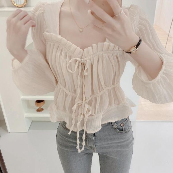 women's blouses & shirts retro fashion women chic blouse square neck long sleeve pleated crop lace-up cute autumn blusa chemise, White
women's blouses & shirts retro fashion women chic blouse square neck long sleeve pleated crop lace-up cute autumn blusa chemise, White