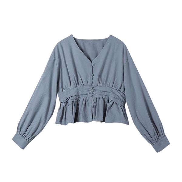 women shirt blue white beige v-neck long sleeve button spring summer pleated b0546 210514
women shirt blue white beige v-neck long sleeve button spring summer pleated b0546 210514