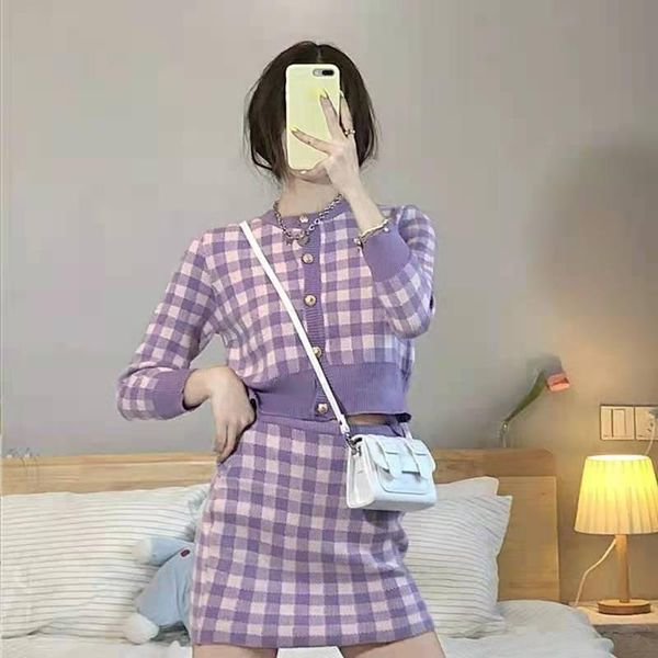 women's tracksuits girly sweet casual short suit ladies autumn plaid long-sleeved single-breasted knitted + chest skirt camisole, Gray
women's tracksuits girly sweet casual short suit ladies autumn plaid long-sleeved single-breasted knitted + chest skirt camisole, Gray