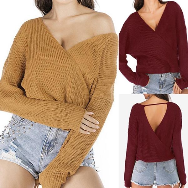 women's sweaters women autumn winter solid knitted long sleeve v-neck open back sweater short pullovers, White;black
women's sweaters women autumn winter solid knitted long sleeve v-neck open back sweater short pullovers, White;black