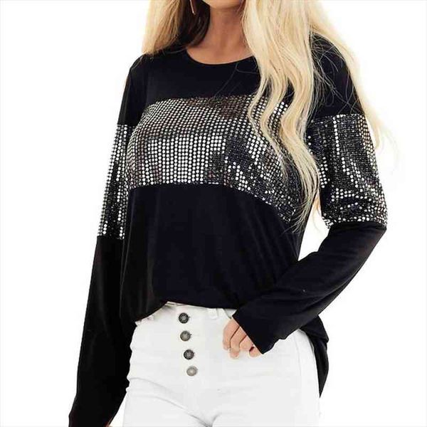 and casual patchwork women shirt long sleeve tunic loose sequin autumn winter, White
and casual patchwork women shirt long sleeve tunic loose sequin autumn winter, White