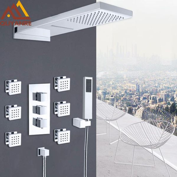 quyanre chrome thermostatic shower faucets set rain waterfall 6pcs spa jets 4-way mixer tap bath kit bathroom sets
quyanre chrome thermostatic shower faucets set rain waterfall 6pcs spa jets 4-way mixer tap bath kit bathroom sets