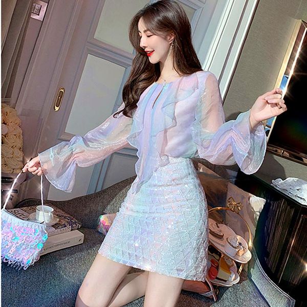 two piece dress spring and summer women's skirt suit shiny rainbow ruffled trumpet sleeve sequin ns1002, White
two piece dress spring and summer women's skirt suit shiny rainbow ruffled trumpet sleeve sequin ns1002, White