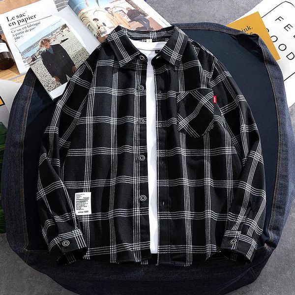 men's casual shirts plaid literary style sub fashion 2021 autumn college loose large long sleeved shirt, White;black
men's casual shirts plaid literary style sub fashion 2021 autumn college loose large long sleeved shirt, White;black