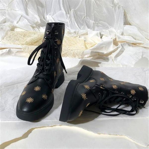 boots gold string embroidery motorcycle round toe lace up flat celebrity street fashion shoes winter women, Black
boots gold string embroidery motorcycle round toe lace up flat celebrity street fashion shoes winter women, Black