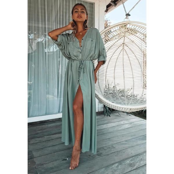 casual dresses button pockets front open self belted high waist summer dress white cotton tunic women clothes street wear maxi q1111, Black;gray
casual dresses button pockets front open self belted high waist summer dress white cotton tunic women clothes street wear maxi q1111, Black;gray