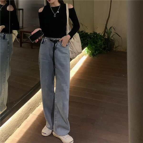 women's jeans price autumn straight high waist loose break, Blue