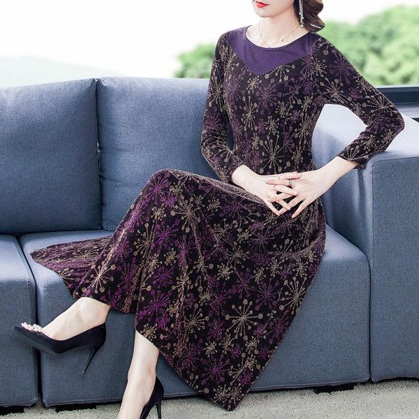 2021autumn fashion retro bright silk slim long-sleeved purple dress female large size -5xland elegant vestidos casual dresses, Black;gray