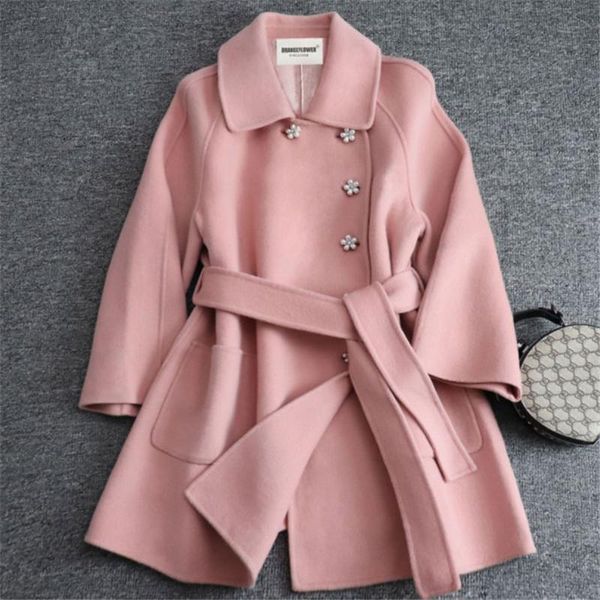 women's wool & blends pink woolen coat fashion woman jacket 2021 autumn winter women girl blend collar overcoat with belt female, Black
women's wool & blends pink woolen coat fashion woman jacket 2021 autumn winter women girl blend collar overcoat with belt female, Black