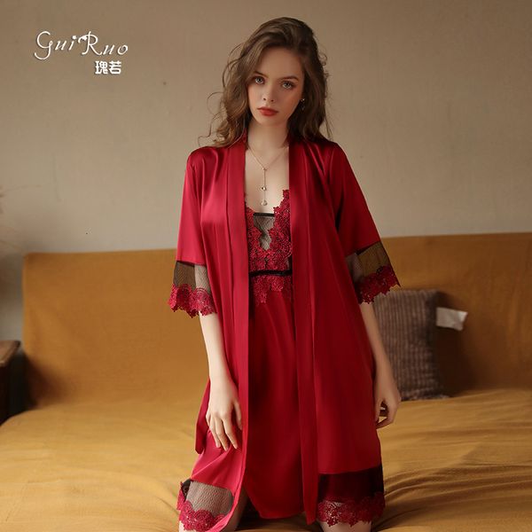 new guiruo spring and summer women's satin stitching mesh lace up robe bathrobe home suit 435, Black;red
new guiruo spring and summer women's satin stitching mesh lace up robe bathrobe home suit 435, Black;red