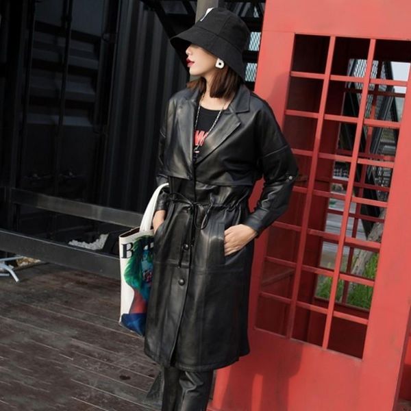 women's leather & faux 2021 female designer sheepskin suit simple button windscreen robe, Black
women's leather & faux 2021 female designer sheepskin suit simple button windscreen robe, Black