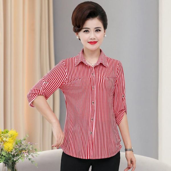 women's blouses & shirts red black vertical stripe cotton middle aged women casual three quater roll-tab-sleeve turn down collar mother, White
women's blouses & shirts red black vertical stripe cotton middle aged women casual three quater roll-tab-sleeve turn down collar mother, White