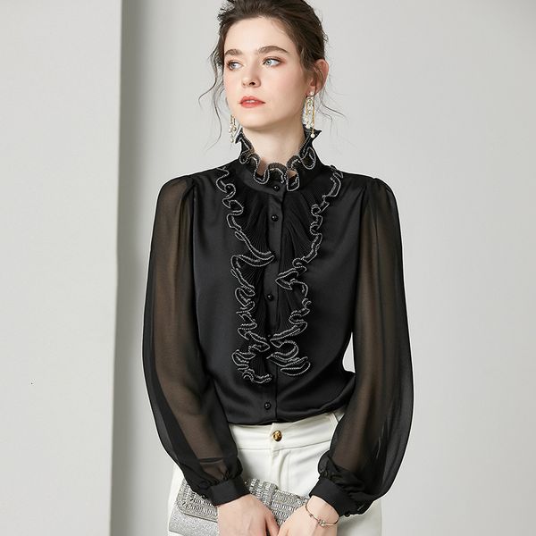capris silk blouse shirt 2021 spring summer women ruffle collar long sleeve black white pink elegant shirts blusas feminino, Black;gray
capris silk blouse shirt 2021 spring summer women ruffle collar long sleeve black white pink elegant shirts blusas feminino, Black;gray