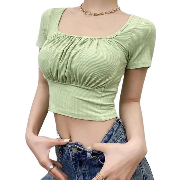 women's t-shirt chest pleated short sleeve 2021 summer square collar navel for women, White
women's t-shirt chest pleated short sleeve 2021 summer square collar navel for women, White