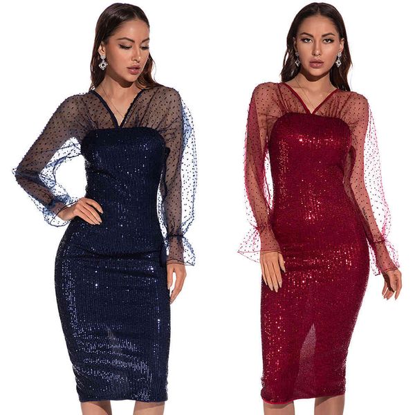 fashion dress large women's v-neck mesh long sleeve sequin split, Black;pink 
fashion dress large women's v-neck mesh long sleeve sequin split, Black;pink