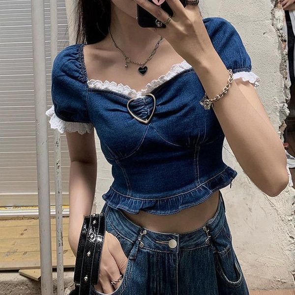 women's blouses & shirts deeptown oversized denim shirt women puff sleeve crop y2k 2021 summer fashion slim lace patchwork blouse k, White
women's blouses & shirts deeptown oversized denim shirt women puff sleeve crop y2k 2021 summer fashion slim lace patchwork blouse k, White