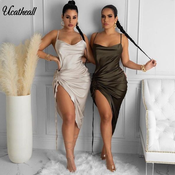 women sleeveless spaghetti strap dress satin fashion dresses ruched drawstring christmas club party female vestidos casual, Black;gray
women sleeveless spaghetti strap dress satin fashion dresses ruched drawstring christmas club party female vestidos casual, Black;gray