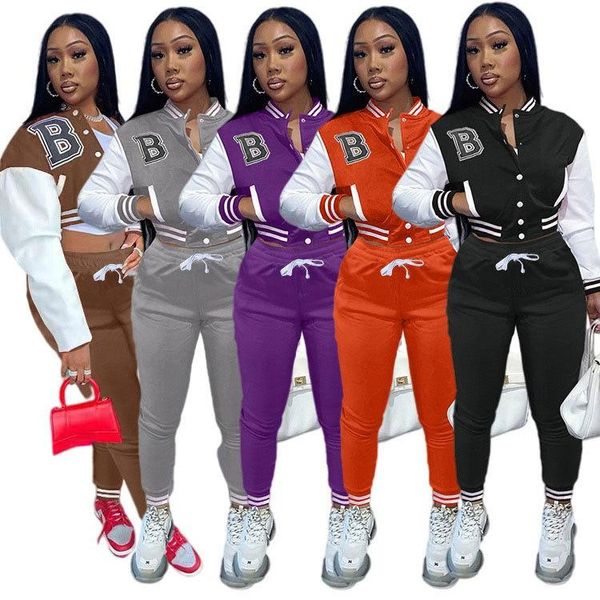 women's two piece pants jacket letter single breasted baseball suit set, White
women's two piece pants jacket letter single breasted baseball suit set, White