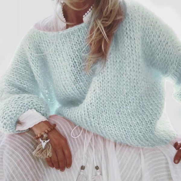 

women lantern long sleeve o-neck sweater fluffy fuzzy mohair pullover chunky knit solid color oversized loose jumper women's knits & te, White