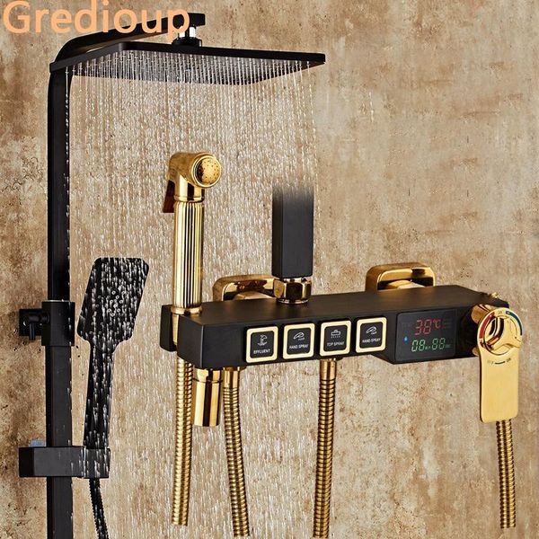 thermostatic digital shower set bathroom smart led constant temperature system square spray rainfall bath faucet taps sets