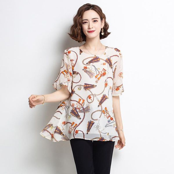women's blouses & shirts shirt short chiffon sleeve t-shirt summer 2021 korean round neck loose print blouse, White