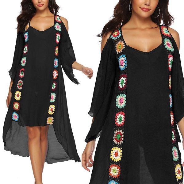 women's swimwear women cold shoulder bathing suit beachwear crochet long cover up dress, White;black
women's swimwear women cold shoulder bathing suit beachwear crochet long cover up dress, White;black