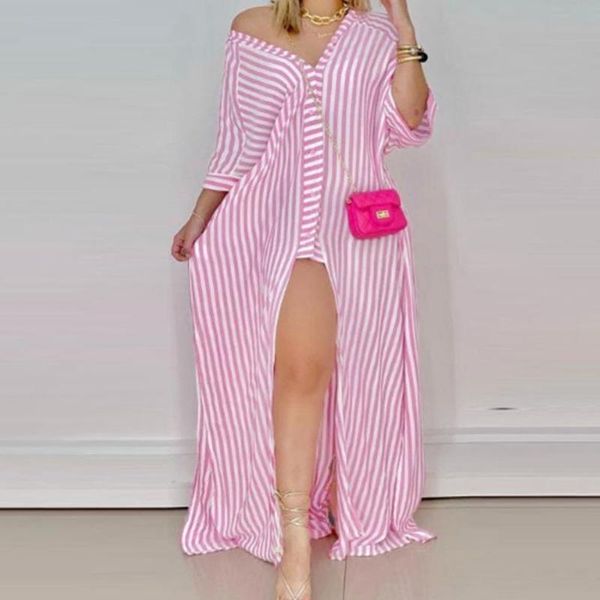 plus size dresses loose dress pink white stripe print v neck slit off shoulder floor length fashion elegant party club lady, Black
plus size dresses loose dress pink white stripe print v neck slit off shoulder floor length fashion elegant party club lady, Black