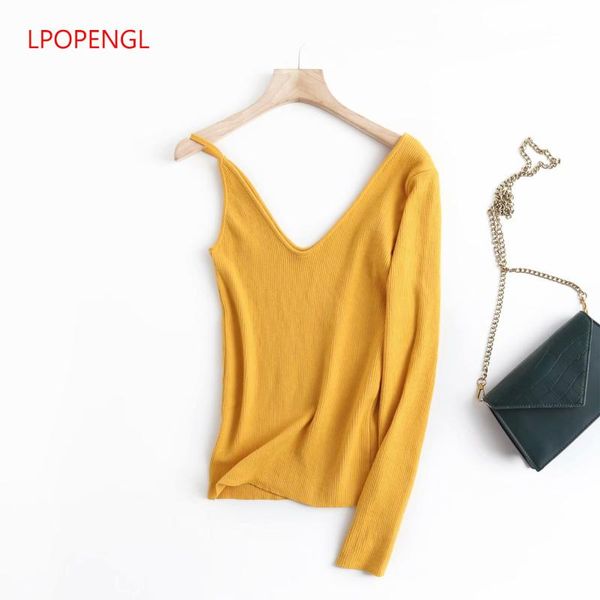 women's blouses & shirts korean shirt spring 2021 v-neck one-shoulder asymmetric design knit blouse female yellow camisa feminina, White 
women's blouses & shirts korean shirt spring 2021 v-neck one-shoulder asymmetric design knit blouse female yellow camisa feminina, White