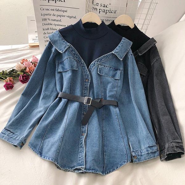 women's blouses & shirts 2021 spring women denim blouse with belt long sleeve patchwork fake two piece jeans loose blusas mujer, White
women's blouses & shirts 2021 spring women denim blouse with belt long sleeve patchwork fake two piece jeans loose blusas mujer, White