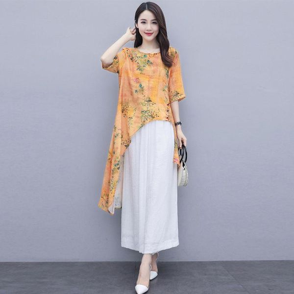 women 2021 summer fashion two piece sets female retro printed o-neck loose ladies elastic waist wide-leg pants suits k65 women's, White
women 2021 summer fashion two piece sets female retro printed o-neck loose ladies elastic waist wide-leg pants suits k65 women's, White