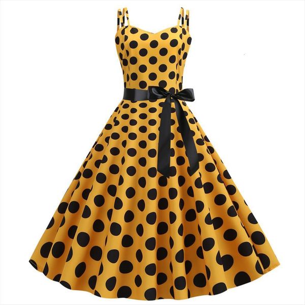 

summer hepburn yellow retro robe women dresses vintage 50s 60s rockabilly pin up polka dot swing dress vestidos, Black;gray