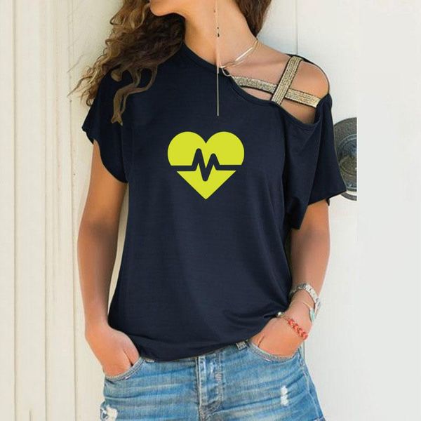 women's t-shirt 2021 pattern selling heart beat europe and america casual off shoulder cross irregular short sleeve, White
women's t-shirt 2021 pattern selling heart beat europe and america casual off shoulder cross irregular short sleeve, White