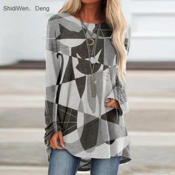 women's t-shirt women spring autumn retro abstract face cat print ladies casual round neck loose pullover long sleeve top, White
women's t-shirt women spring autumn retro abstract face cat print ladies casual round neck loose pullover long sleeve top, White